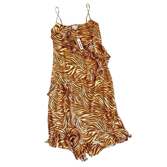 Steve Madden Christina Brown Zebra Satin RUFFLE Handkerchief Slip Dress XL NWT - Picture 2 of 9